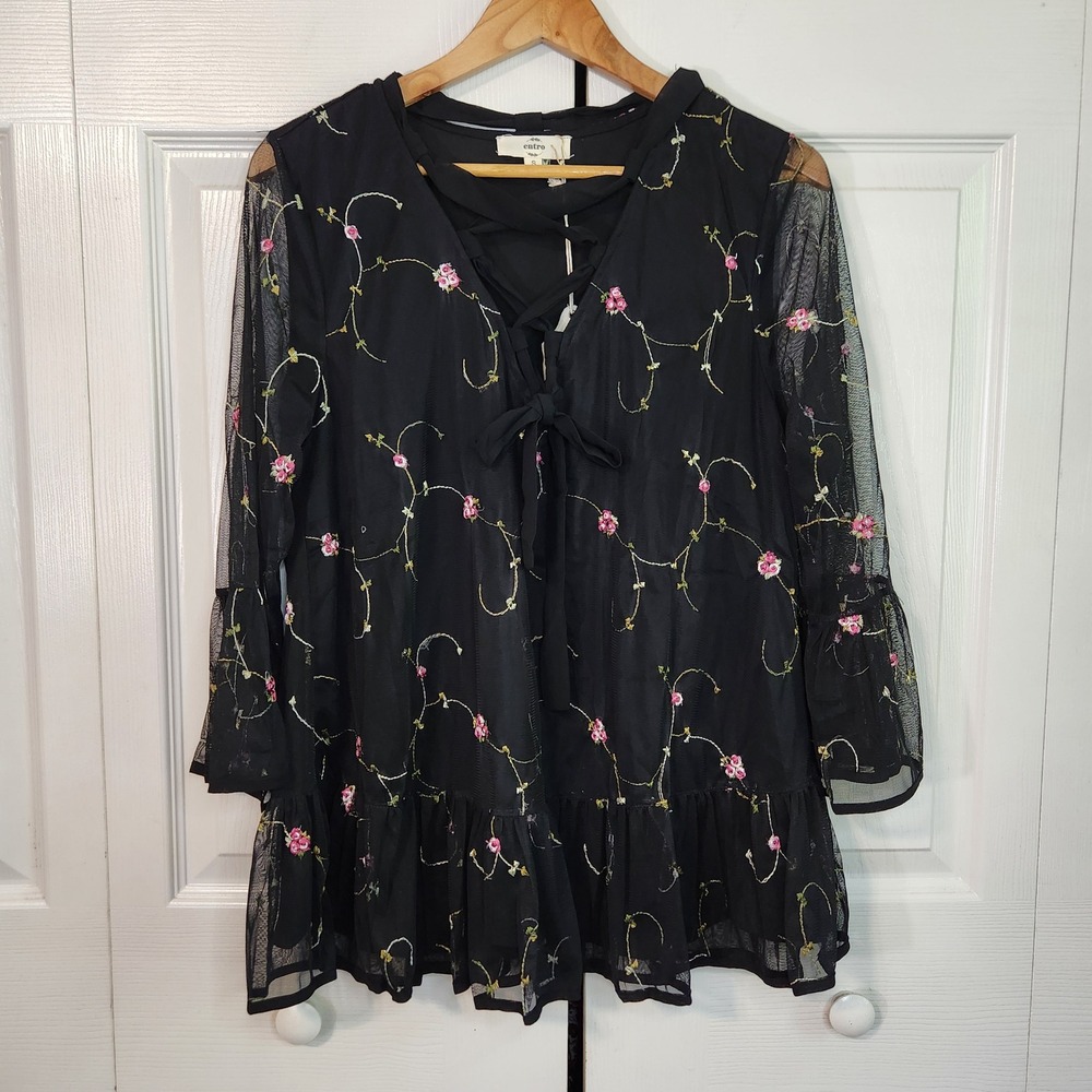 Entro Black‎ Embroidered Mesh Floral Lace Up Bell Sleeve Tunic Blouse Small NWT